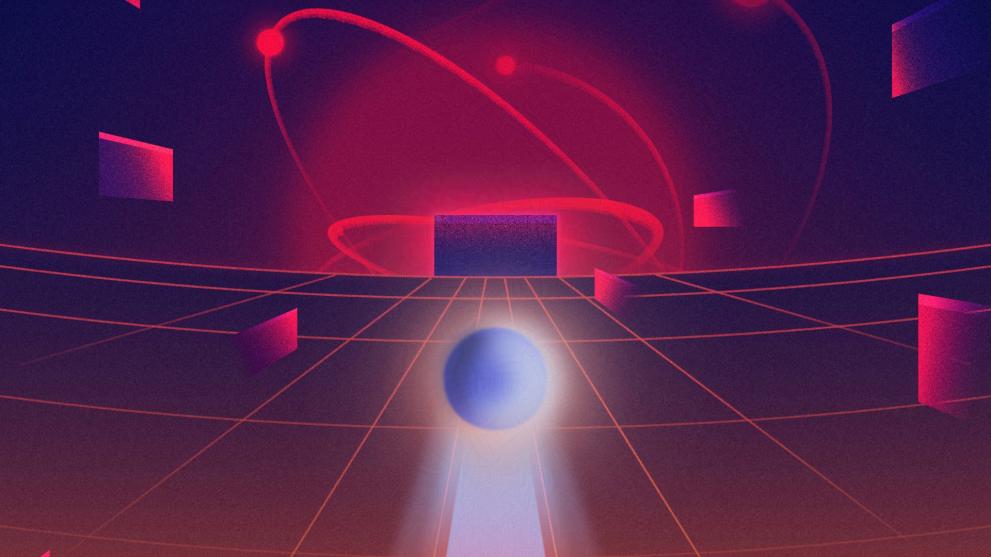 Abstrakta digitāla ilustrācija ar tumši violetu telpu, sarkanu režģa līniju grīdu, centrā peldošu zilu sfēru un vairākiem rozā taisnstūrveida blokiem. Fonā redzamas spilgti sarkanas lokveida gaismas līnijas.